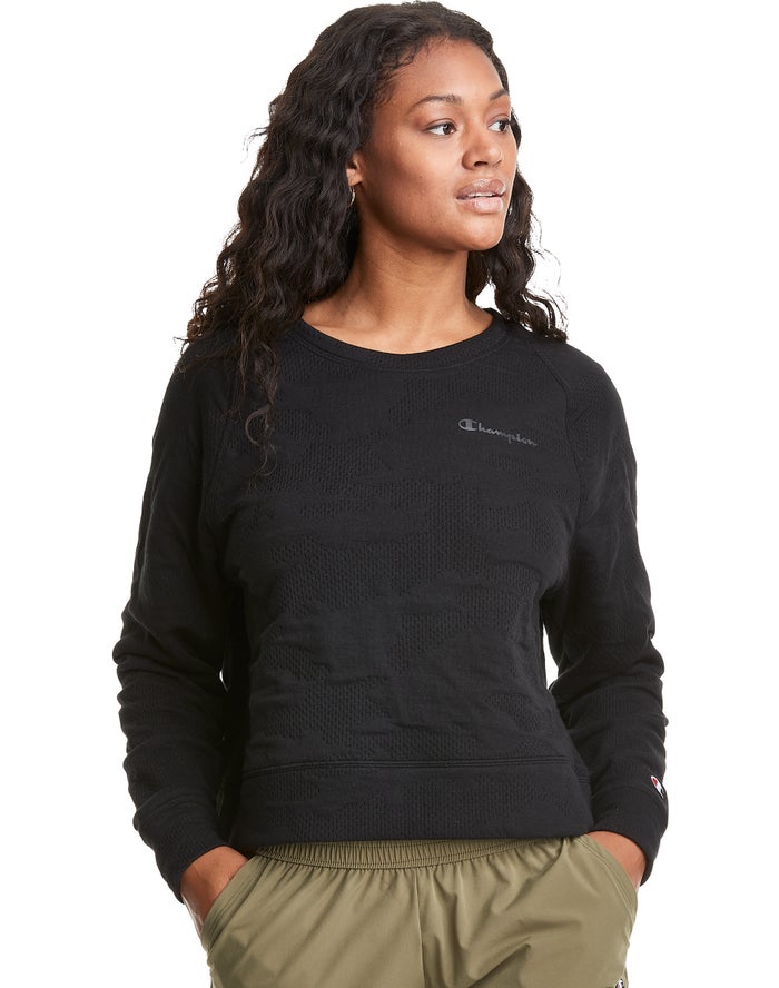 Champion Womens Sweatshirt NZ - Soft Touch Double Knit Camo Crew Black ( 6574-NTJGS )